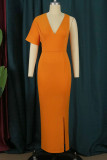 Orange Casual Elegant Solid Patchwork Slit Zipper V Neck Straight Dresses