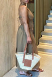 Light Khaki Sexy Casual Solid Bandage Backless O Neck Sleeveless Dress