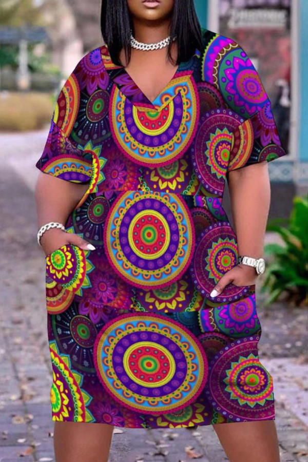 Purple Fashion Casual Print Patchwork V Neck Short Sleeve Dress