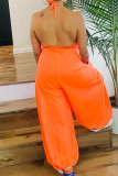 Orange Sexy Casual Solid Bandage Backless Halter Regular Jumpsuits