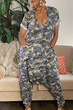 Multicolor Fashion Casual Camouflage Print Patchwork V Neck Harlan Jumpsuits