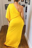 Yellow Fashion Casual Solid Backless Slit Oblique Collar Long Dress
