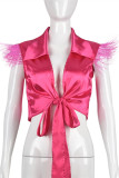 Red Fashion Casual Solid Bandage Patchwork Turndown Collar Tops
