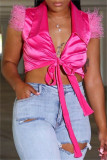 Red Fashion Casual Solid Bandage Patchwork Turndown Collar Tops
