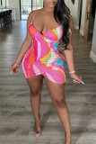 Pink Fashion Sexy Print Backless Spaghetti Strap Sleeveless Dress
