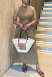 Light Khaki Sexy Casual Solid Bandage Backless O Neck Sleeveless Dress
