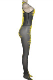 Yellow Fashion Sexy Print Patchwork See-through O Neck Skinny Jumpsuits