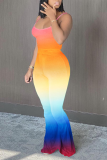 Orange Fashion Gradual Change Patchwork Spaghetti Strap Sleeveless Two Pieces