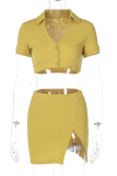 Yellow Fashion Solid Patchwork Turndown Collar Short Sleeve Two Pieces