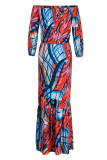 Red Casual Print Patchwork Off the Shoulder Long Sleeve Two Pieces