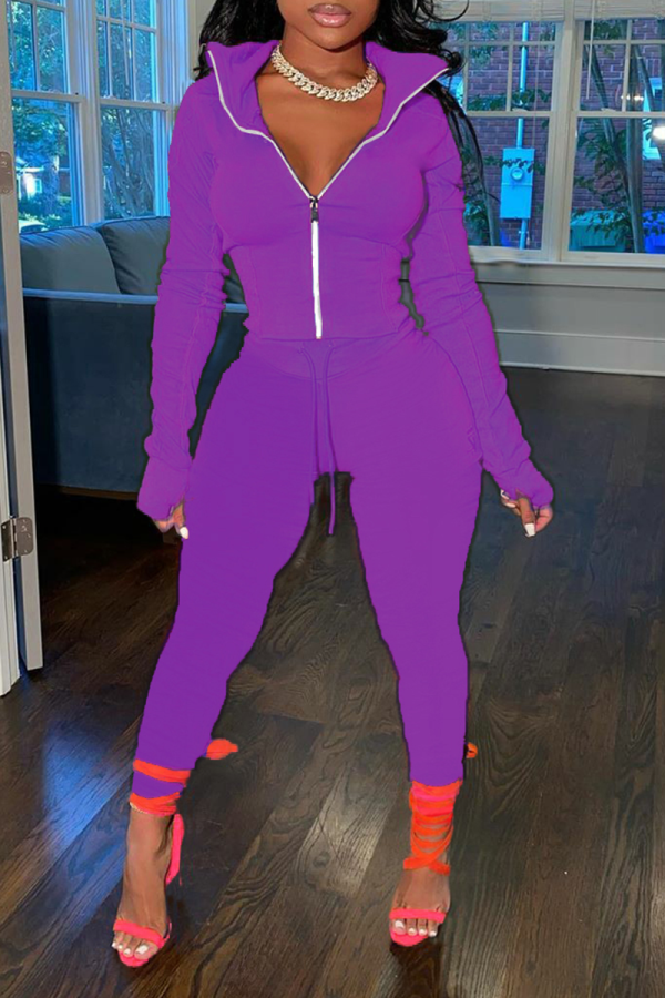 Dark Purple Casual Solid Draw String Turndown Collar Long Sleeve Two Pieces