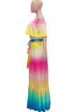 Colour Casual Sweet Print Patchwork Flounce Fold Off the Shoulder Straight Dresses