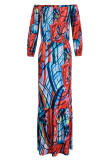 Red Casual Print Patchwork Off the Shoulder Long Sleeve Two Pieces
