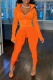 Tangerine Red Casual Solid Draw String Turndown Collar Long Sleeve Two Pieces