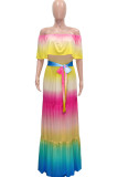 Colour Casual Sweet Print Patchwork Flounce Fold Off the Shoulder Straight Dresses