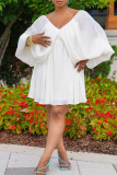 White Fashion Solid Patchwork V Neck Cake Skirt Dresses