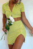 Yellow Fashion Solid Patchwork Turndown Collar Short Sleeve Two Pieces