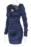 Blue Fashion Solid Fold V Neck Pencil Skirt Dresses
