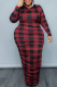 Burgundy Casual Plaid Print Patchwork Hooded Collar One Step Skirt Plus Size Dresses