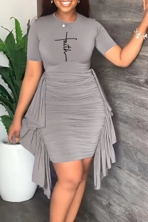 Grey Fashion Print Tassel O Neck Pencil Skirt Dresses