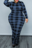 Tibetan Blue Casual Plaid Print Patchwork Hooded Collar One Step Skirt Plus Size Dresses