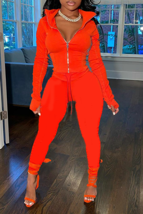 Red Casual Solid Draw String Turndown Collar Long Sleeve Two Pieces