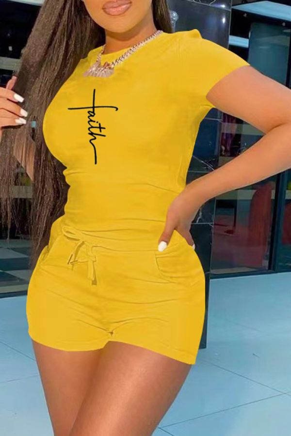 Yellow Fashion Print Patchwork O Neck Short Sleeve Two Pieces