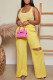 Yellow Casual Solid Ripped Patchwork U Neck Sleeveless Two Pieces
