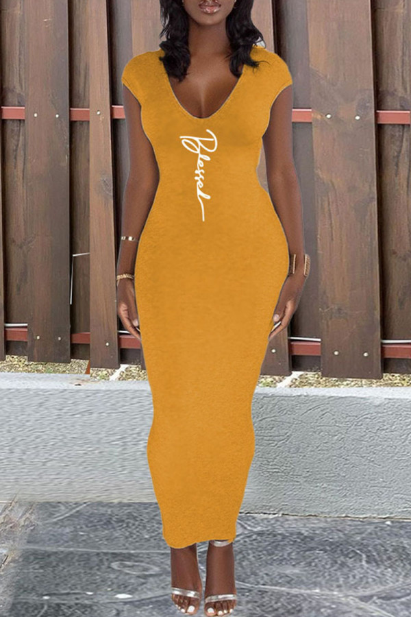 Yellow Casual Print Patchwork Backless Zipper V Neck One Step Skirt Dresses