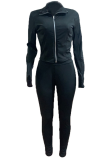 Cyan Casual Solid Draw String Turndown Collar Long Sleeve Two Pieces