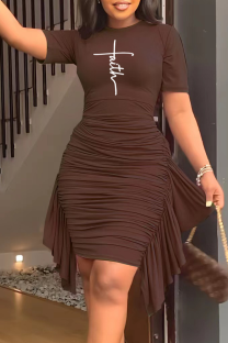 Dark Brown Fashion Print Tassel O Neck Pencil Skirt Dresses