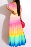 Colour Casual Sweet Print Patchwork Flounce Fold Off the Shoulder Straight Dresses