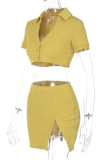Yellow Fashion Solid Patchwork Turndown Collar Short Sleeve Two Pieces