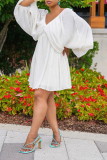 White Fashion Solid Patchwork V Neck Cake Skirt Dresses