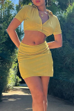 Yellow Fashion Solid Patchwork Turndown Collar Short Sleeve Two Pieces