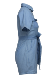Baby Blue Casual Solid Patchwork Turndown Collar Straight Rompers
