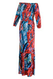 Red Casual Print Patchwork Off the Shoulder Long Sleeve Two Pieces