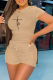 Khaki Fashion Print Patchwork O Neck Short Sleeve Two Pieces