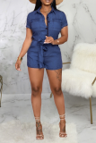 Baby Blue Casual Solid Patchwork Turndown Collar Straight Rompers