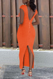 Tangerine Red Casual Print Patchwork Backless Zipper V Neck One Step Skirt Dresses