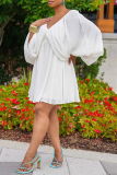 White Fashion Solid Patchwork V Neck Cake Skirt Dresses