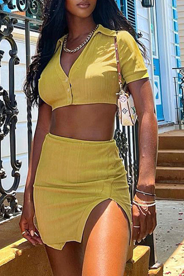 Yellow Fashion Solid Patchwork Turndown Collar Short Sleeve Two Pieces