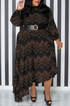 Coffee Casual Print Patchwork With Belt O Neck Irregular Dress Plus Size Dresses
