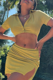 Yellow Fashion Solid Patchwork Turndown Collar Short Sleeve Two Pieces