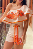 Orange Casual Print Patchwork Flounce Oblique Collar Two Pieces