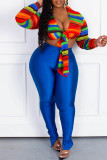 Blue Sexy Print Bandage Patchwork V Neck Long Sleeve Two Pieces