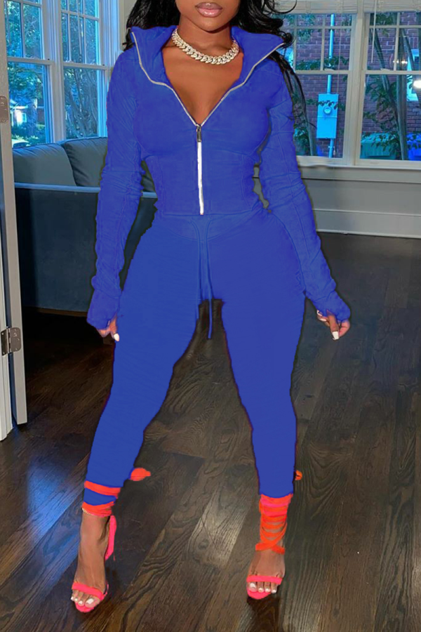 Dark Blue Casual Solid Draw String Turndown Collar Long Sleeve Two Pieces