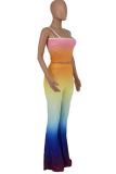 Orange Fashion Gradual Change Patchwork Spaghetti Strap Sleeveless Two Pieces