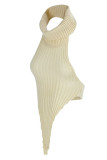 Apricot Sexy Solid Patchwork Backless Asymmetrical Turtleneck Tops