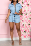 Baby Blue Casual Solid Patchwork Turndown Collar Straight Rompers